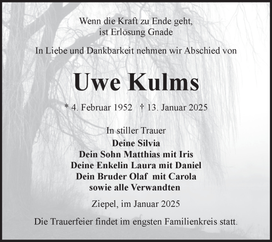 Traueranzeige von Uwe Kulms von Volksstimme Burg/Genthin