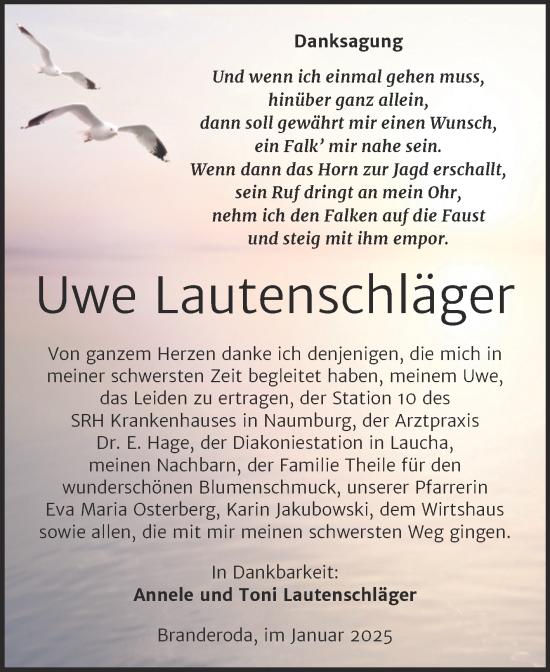 Traueranzeige von Uwe Lautenschläger von Trauerkombi Merseburg