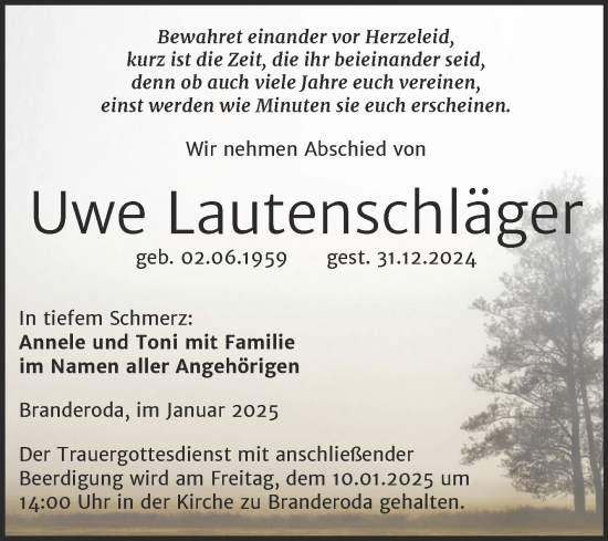 Traueranzeige von Uwe Lautenschläger von Trauerkombi Merseburg