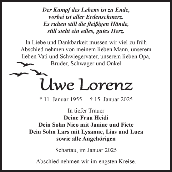 Traueranzeige von Uwe Lorenz von Volksstimme Burg/Genthin