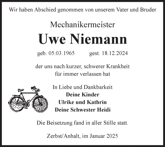 Traueranzeige von Uwe Niemann von Volksstimme Zerbst