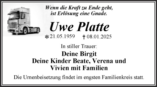 Traueranzeige von Uwe Platte von Trauerkombi Dessau