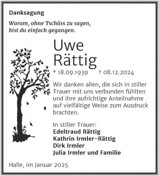 Traueranzeige von Uwe Rättig von Mitteldeutsche Zeitung Halle/Saalkreis