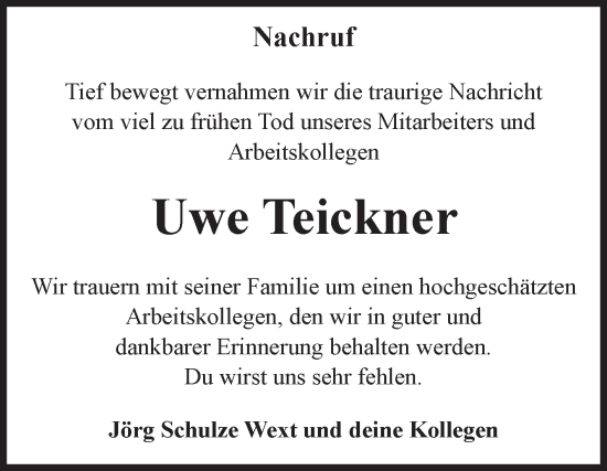 Traueranzeige von Uwe Teickner von Volksstimme Burg/Genthin