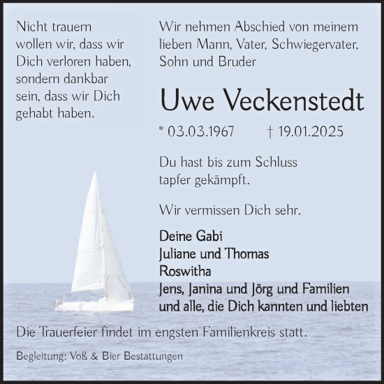 Traueranzeige von Uwe Veckenstedt von Volksstimme Wernigerode