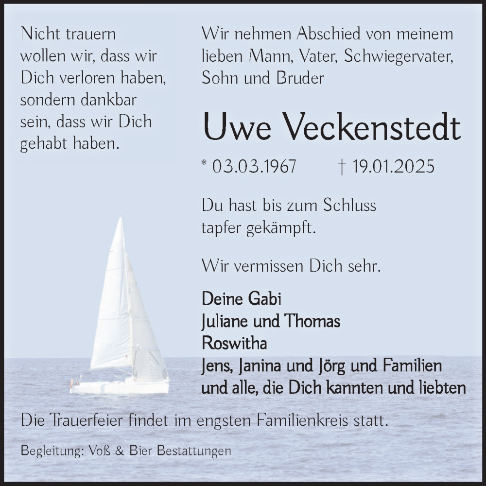  Traueranzeige für Uwe Veckenstedt vom 25.01.2025 aus Volksstimme Wernigerode