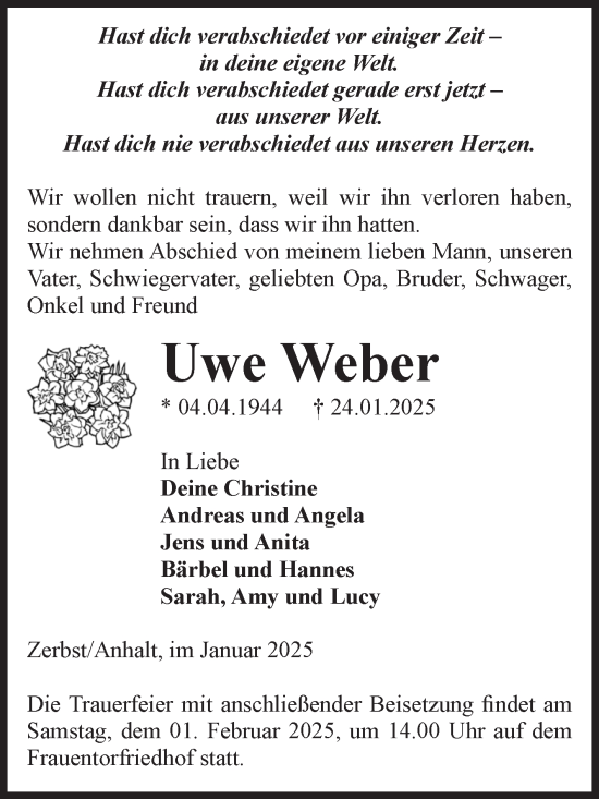 Traueranzeige von Uwe Weber von Volksstimme Zerbst
