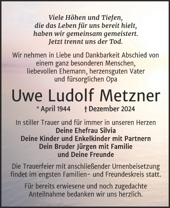 Traueranzeige von Uwe Ludolf Metzner von Trauerkombi Wittenberg
