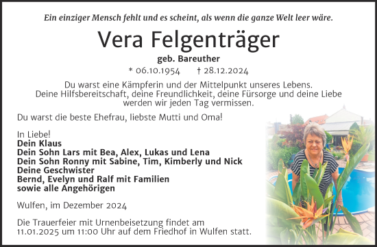 Traueranzeige von Vera Felgenträger von Trauerkombi Köthen