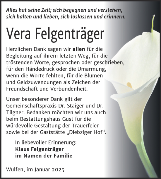 Traueranzeige von Vera Felgenträger von Trauerkombi Köthen