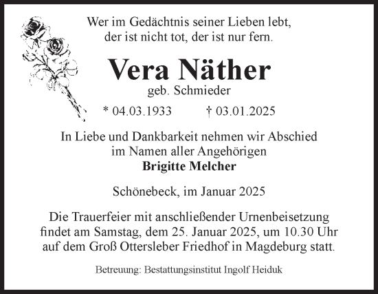 Traueranzeige von Vera Näther von Volksstimme Schönebeck
