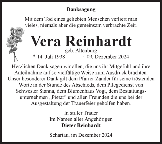 Traueranzeige von Vera Reinhardt von Volksstimme Burg/Genthin