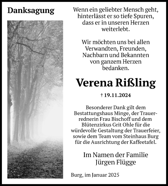 Traueranzeige von Verena Rißling von Volksstimme Burg/Genthin