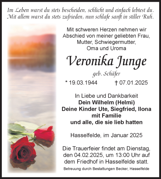 Traueranzeige von Veronika Junge von Volksstimme Wernigerode