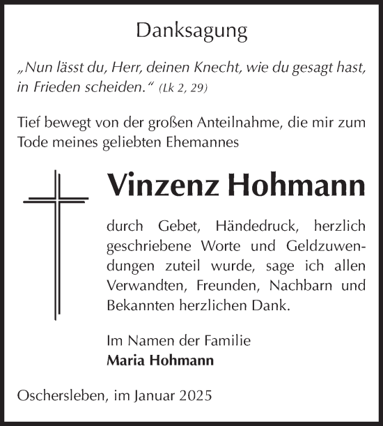Traueranzeige von Vinzenz Hohmann von Volksstimme Oschersleben/Wanzleben