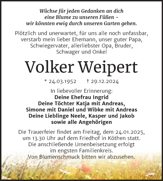 Traueranzeige von Volker Weipert von Trauerkombi Köthen