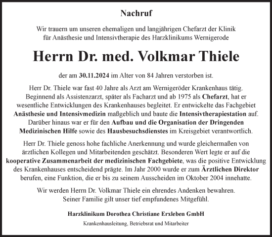 Traueranzeige von Volkmar Thiele von Volksstimme Wernigerode