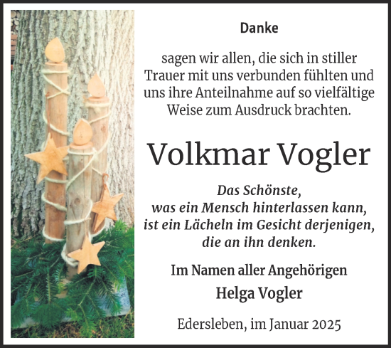 Traueranzeige von Volkmar Vogler von Trauerkombi Sangerhausen