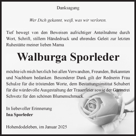 Traueranzeige von Walburga Sporleder von Volksstimme Oschersleben/Wanzleben