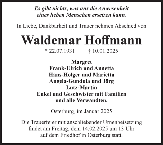 Traueranzeige von Waldemar Hoffmann von Volksstimme Altmark Ost