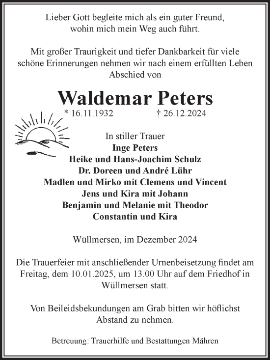 Traueranzeige von Waldemar Peters von Volksstimme Altmark West