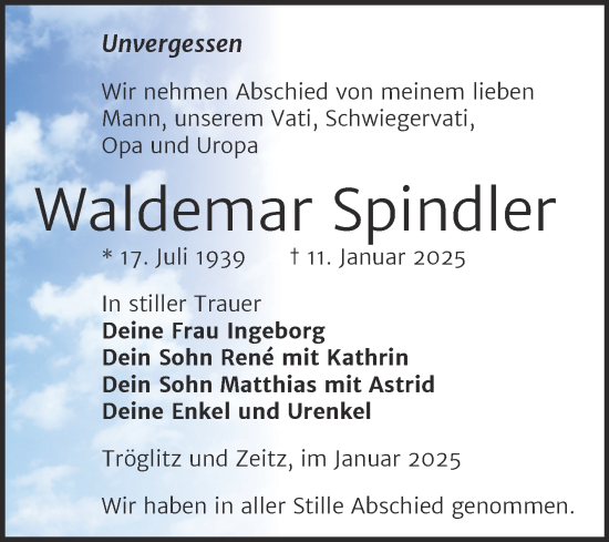Traueranzeige von Waldemar Spindler von Trauerkombi Zeitz