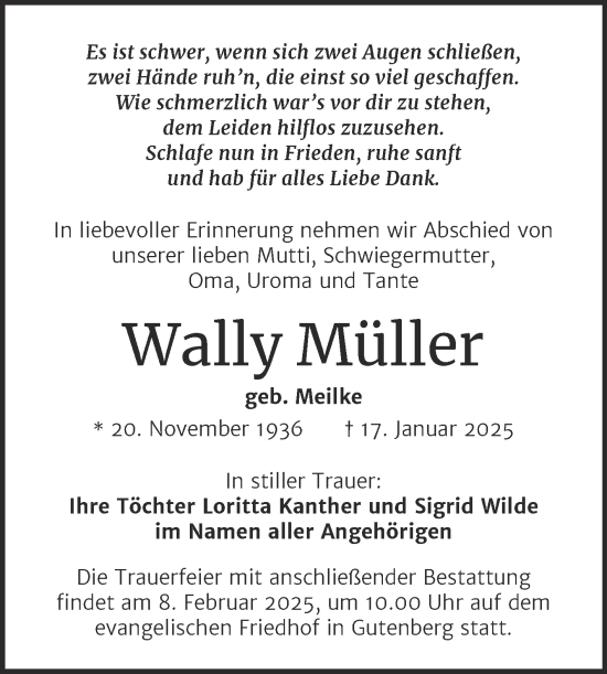 Traueranzeige von Wally Müller von Mitteldeutsche Zeitung Halle/Saalkreis