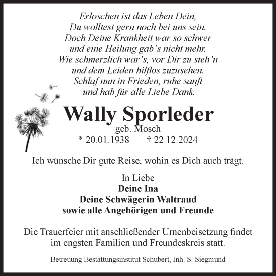 Traueranzeige von Wally Sporleder von Volksstimme Oschersleben/Wanzleben