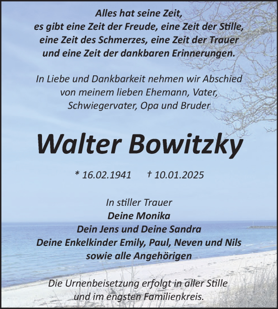 Traueranzeige von Walter Bowitzky von Trauerkombi Bitterfeld