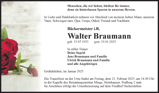 Traueranzeige von Walter Braumann von Volksstimme Oschersleben/Wanzleben