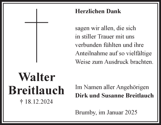 Traueranzeige von Walter Breitlauch von Volksstimme Schönebeck