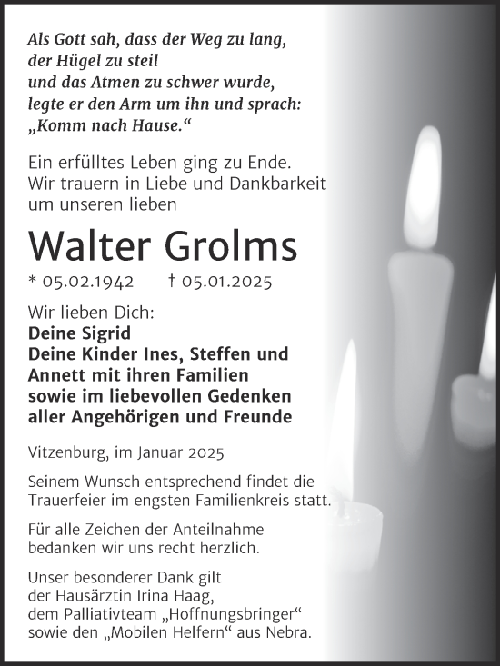 Traueranzeige von Walter Grolms von Trauerkombi Merseburg