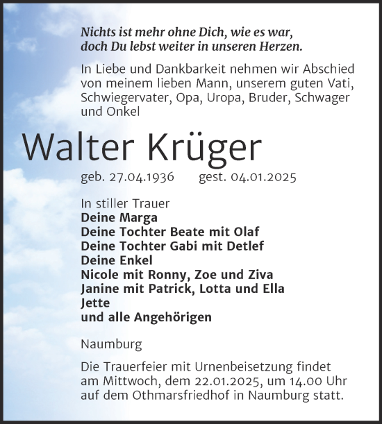 Traueranzeige von Walter Krüger von Naumburger Tageblatt