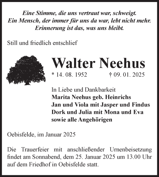Traueranzeige von Walter Neehus von Volksstimme Altmark West