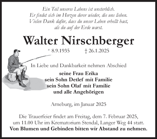Traueranzeige von Walter Nirschberger von Volksstimme Altmark Ost