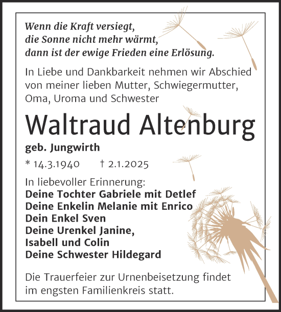 Traueranzeige von Waltraud Altenburg von Trauerkombi Weißenfels