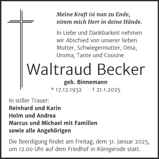 Traueranzeige von Waltraud Becker von Trauerkombi Mansfelder Land