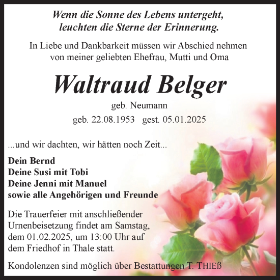 Traueranzeige von Waltraud Belger von Super Sonntag Quedlingburg