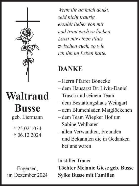 Traueranzeige von Waltraud Busse von Volksstimme Altmark West
