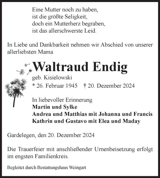 Traueranzeige von Waltraud Endig von Volksstimme Altmark West