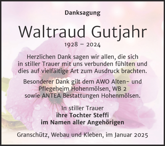 Traueranzeige von Waltraud Gutjahr von Trauerkombi Weißenfels
