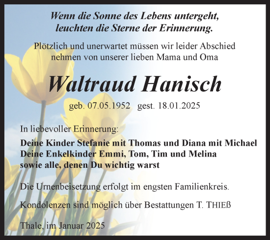 Traueranzeige von Waltraud Hanisch von Trauerkombi Quedlinburg