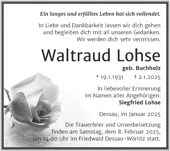 Traueranzeige von Waltraud Lohse von Trauerkombi Dessau