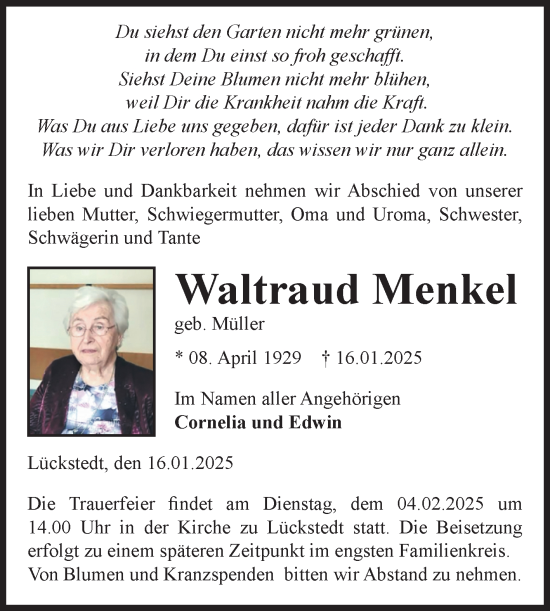 Traueranzeige von Waltraud Menkel von Volksstimme Altmark Ost