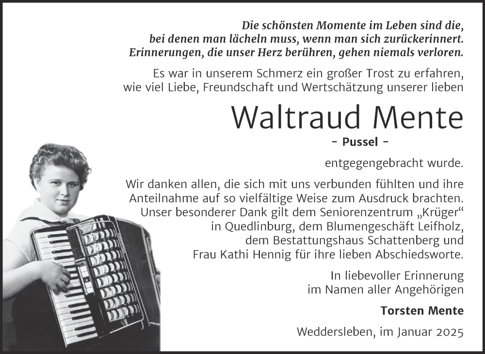  Traueranzeige für Waltraud Mente vom 25.01.2025 aus Trauerkombi Quedlinburg