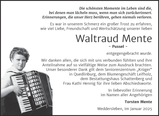 Traueranzeige von Waltraud Mente von Trauerkombi Quedlinburg