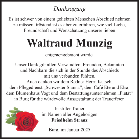 Traueranzeige von Waltraud Munzig von Volksstimme Burg/Genthin