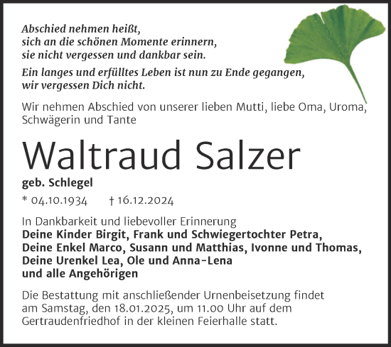 Traueranzeige von Waltraud Salzer von Mitteldeutsche Zeitung Halle/Saalkreis