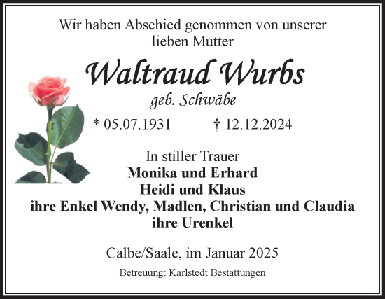 Traueranzeige von Waltraud Wurbs von Volksstimme Schönebeck