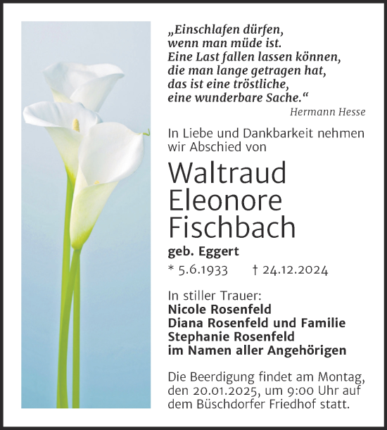 Traueranzeige von Waltraud Eleonore Fischbach von Mitteldeutsche Zeitung Halle/Saalkreis